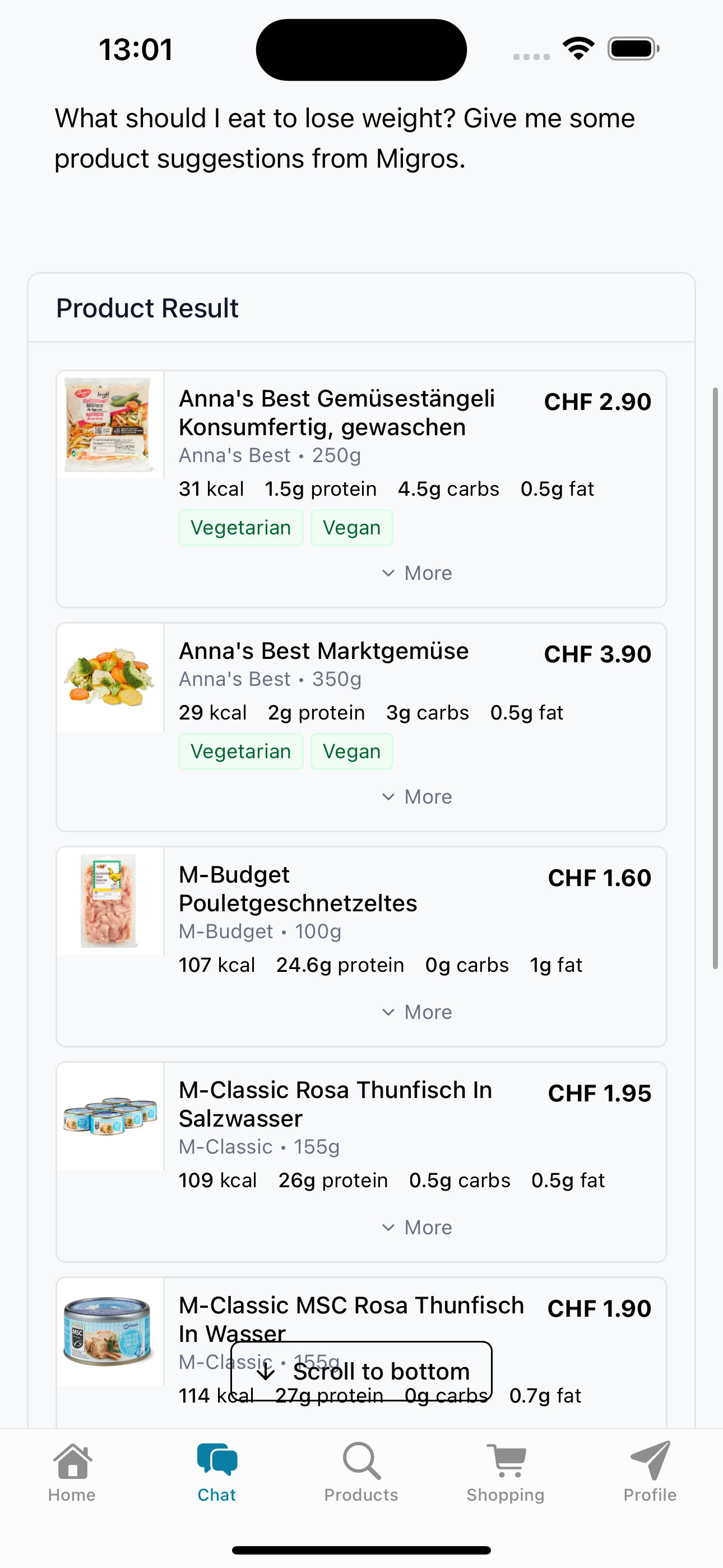 NutriPilot products screen