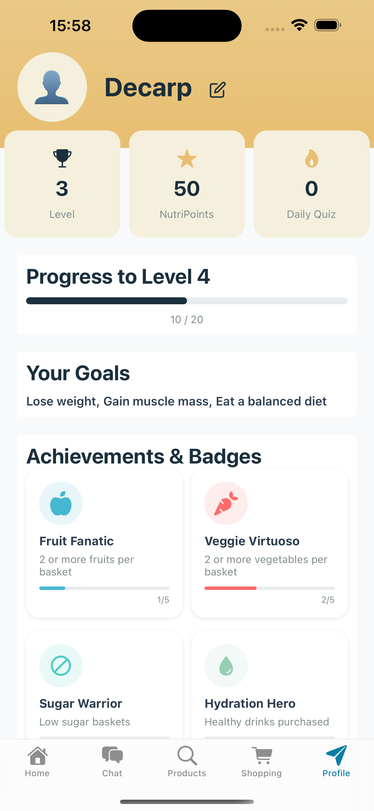 NutriPilot profile screen